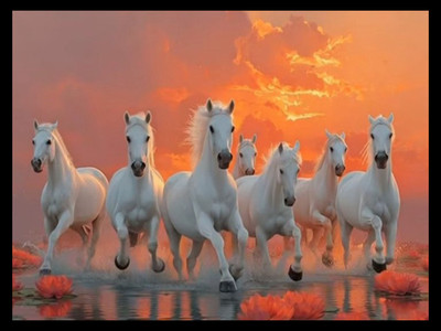 Photoframewalaz Wood Wall Photo Frame(Black, 1 Photo(s), 7 Running Horses at Sunrise Vastu Framed Canvas 10 inch x 13 inch Painting (With Frame))