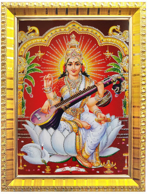 BUZZACCESSORIES Maa Saraswati Goddess Framed Wall Painting Multi 48 Religious Frame