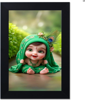 craftinky Lord Krishna Baby Child Smile Photo Frame Digital Reprint 12 inch x 8 inch Painting(With Frame)