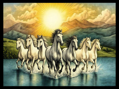 Photoframewalaz Wood Wall Photo Frame(Black, 1 Photo(s), 7 Running Horses at Sunrise Vastu Framed Canvas 10 inch x 13 inch Painting (With Frame))