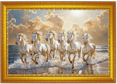 Niko MDF Wall Photo Frame(Gold, 1 Photo(s), 6 White Horses Running Photo Frame|9x12 Inch)