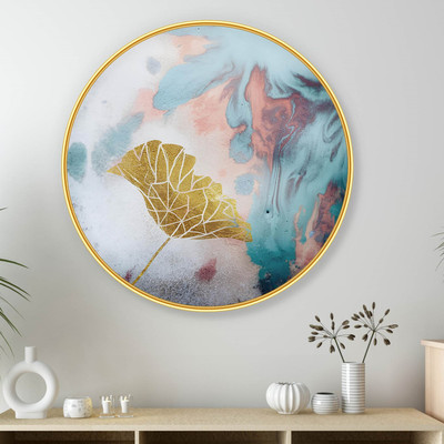SAF PRINT Golden Leaf Abstract Round Wall Painting | Modern Marble Texture Wall Art(Multicolor)