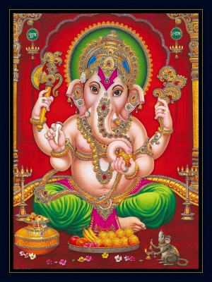 Gita Govinda Lord Ganesha Sparkle Coated Painting Digital Reprint 14 inch x 10 inch Painting(With Frame)