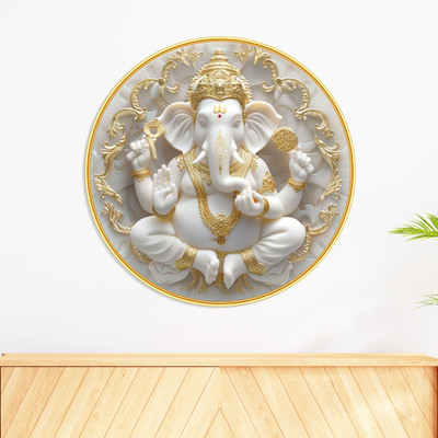 SAF PRINT Round Lord Ganesha Wall Art | White & Golden Decorative Ganpati Wall Art(Multicolor)