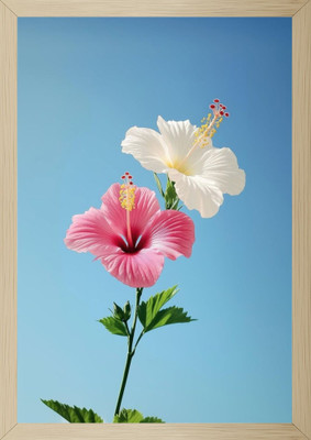 Tasvirra Wood Wall Photo Frame(Brown, 1 Photo(s), Pink White Hibiscus Photo Frame, Blue Sky Floral Wall Art, Tropical Decor 9*12)