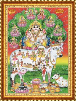 craftery Dhan Kuber Ji and Kamdhenu Cow Religious Frame