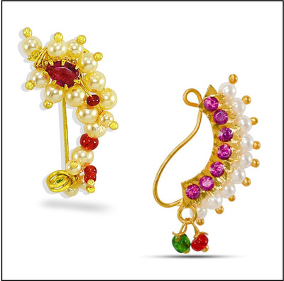 RSR CREATION Pearl, Cubic Zirconia Gold-plated Plated Brass Nose Ring(Pack of 2)