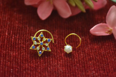 SHREEVARAM Cubic Zirconia Gold-plated Plated Brass Nose Ring Set(Pack of 2)