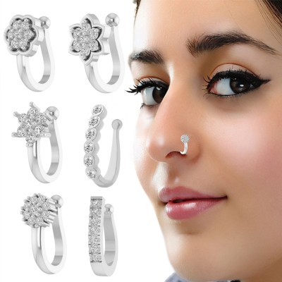 THANU'S CRAFT Crystal Silver Plated Metal Nose Ring(Pack of 6)