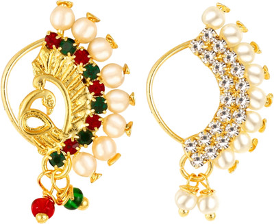 VIGHNAHARTA Cubic Zirconia, Pearl Gold-plated Plated Alloy, Brass Nathiya(Pack of 2)