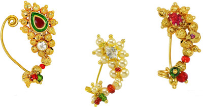 KYOOT JEWELS Diamond, Ruby Gold-plated Plated Brass Nose Stud(Pack of 3)