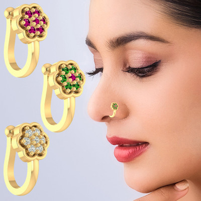 VAMA Cubic Zirconia, Ruby Gold-plated Plated Metal Nose Ring Set(Pack of 3)