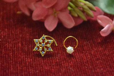 SHREEVARAM Cubic Zirconia Gold-plated Plated Brass Nose Ring Set(Pack of 2)