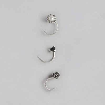 ZAVYA Cubic Zirconia Rhodium Plated Sterling Silver Nose Ring Set(Pack of 3)