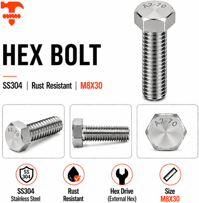 fasteners farm Bolt Hex Bolt M8X30(Pack of 10)(Stainless Steel)