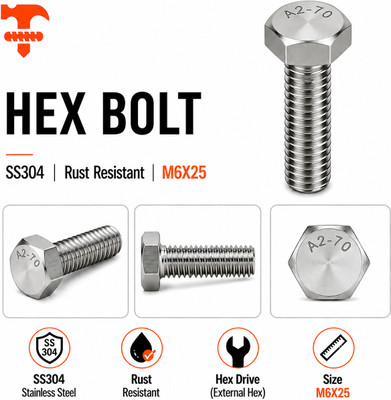 fasteners farm Bolt Hex Bolt M6X25(Pack of 20)(Stainless Steel)