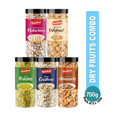 YUM YUM Dry fruits combo pack of 5 Healthy Badam, Kaju, Pista, Kishmish & Akhrot 750g - Almonds, Cashews, Pistachios, Raisins, Walnuts(5 x 150 g)