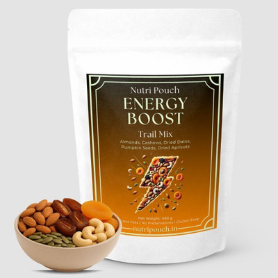 Nutri Pouch Energy Boost Mix - Premium Dry Fruits Mix Blend | Almonds, Cashews, Apricots, Dry Dates, Assorted Seeds & Nuts(1 x 450 g)