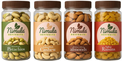 nimula Dry Fruits Combo Pack of 4 kaju badam kishmish pista combo pack (400g) Almonds, Cashews, Raisins, Pistachios(4 x 100 g)