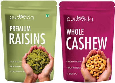 Purevida Premium Cashews & Green Raisins | Crunchy| Rich in Protein, Minerals & Vitamin | Raisins, Cashews(2 x 450 g)