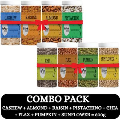HeFast Premium Dry Fruits and Seeds Combo Pack 800g - Chia, Flax, Pumpkin, Sunflower, Almonds, Cashews, Pistachios, Raisins(8 x 100 g)