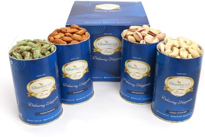 Ghasitaram Gifts Dry fruits-Cashews, Almonds, Pistachios, Paan Raisins Cans Assorted Nuts(4 x 100 g)
