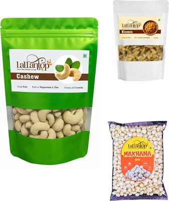 LALLANTOP Cashew 500g | Kismish 500g | Makhana gold 100g Healthy Dry Fruits Combo Pack Cashews, Raisins, Fox Nut(3 x 366.67 g)