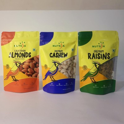 NUTSIA Almond, Cashew and Green Raisins, Dry Fruits Badam, Kismis, Kaju Per Pack 200gm Almonds, Cashews, Raisins(600 g)