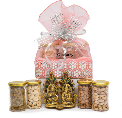 Glossary DRY FRUIT &NUT& LAXMI GANESH JI SHOW PIECE GIFT HAMPER/BASKET/BOX/PACK 500GM Cashews, Almonds, Pistachios, Raisins(4 x 125 g)