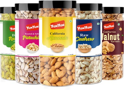 YUM YUM Dry fruits combo pack of 5 Healthy Badam, Kaju, Pista, Kishmish, Akhrot 1.25 KG- Almonds, Cashews, Pistachios, Raisins, Walnuts(5 x 250 g)