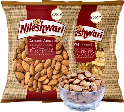 Nileshwari California Almonds 250g and Walnut Kernels 250g Akhrot Giri Dry Fruit Combo Pack Almonds, Walnuts(2 x 250 g)