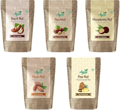 Agile Organic Exotic Nut Combo - 250 gm Classic Nuts Combo (50g Each Trial pack) Brazil Nuts, Macadamia Nuts, Hazelnuts, Pecans, Pine Nuts(5 x 50 g)