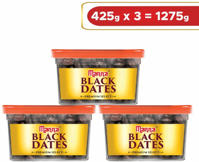 Manna Black Dates - 1.2kg (400g x 3 Packs) | Select Premium Organic Handpicked Dates | Khajoor | Khajur | Soft Dried Healthy Snack | Soft & Juicy texture | Zero Added Sugar & Preservatives | Rich in Iron, Fibre & Vitamins Dry Dates Dry Dates(3 x 400 g)