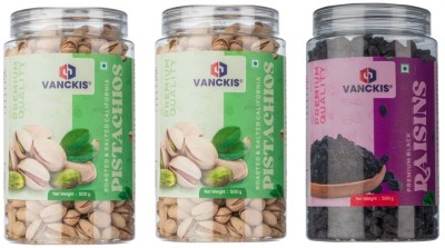 vanckis Dryfruits Combo 2 Pack of Pistachios & 1 Pack of Black Raisins (3 x 500g) Raisins, Pistachios(3 x 0.5 kg)