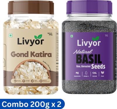 LIVYOR Gond Katira and Basil Seeds Combo Pack 200g x 2 | Sabja Seeds Assorted Seeds & Nuts(2 x 200 g)