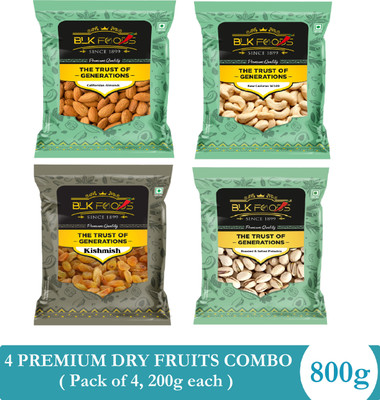 BLK FOODS Dry fruits combo pack of Kaju Badam Pista Kishmish (4 x 200 g) 800 gm Cashews, Almonds, Pistachios, Raisins(1 x 800 g)