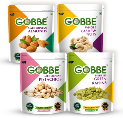 GOBBE Almonds+Cashews+Pistachios+Green Raisins - 800 Gm (Pack of 4) (200 * 4) Almonds, Cashews, Pistachios, Raisins(4 x 0.2 kg)