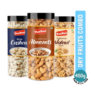 YUM YUM Dry fruits combo pack of Almonds, Cashew & Walnut | akhrot, kaju & badam 450gm - Almonds, Cashews, Walnuts(3 x 150 g)