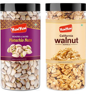 YUM YUM Roasted Salted Pistachios (500g) and Walnut Kernels Akhrot Giri (350g) 850g Dry Fruits Combo Pack Pistachios, Walnuts(2 x 425 g)