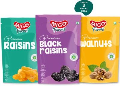 MIGO FARMS Pack of 3 Premium Dry Fruits Raisins, Raisins, Walnuts(3 x 200 g)