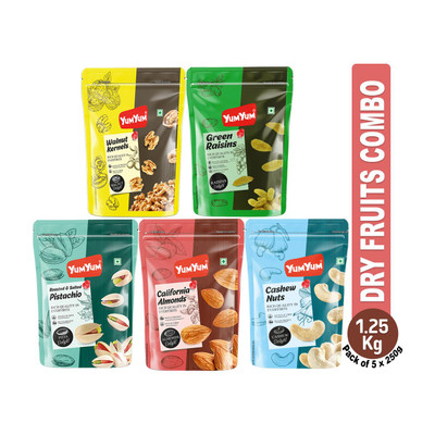 YUM YUM Dry fruits combo pack of 5 Healthy Badam, Kaju, Pista, Kishmish, Akhrot 1.25 KG- Almonds, Cashews, Pistachios, Raisins, Walnuts(5 x 250 g)
