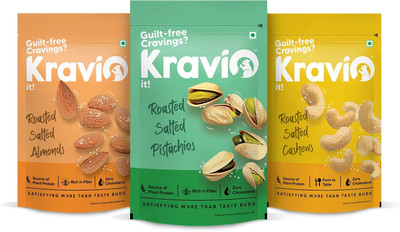 Kravio Combo Pack Roasted Salted Pistachios, Almonds & Cashews (200 Gram Each) Cashews, Almonds, Pistachios(3 x 200 g)