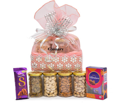 Glossary DRY FRUIT & NUT AND CELEBRATION &SILK GIFT HAMPER/BASKET/BOX/PACK 500GM Cashews, Almonds, Pistachios, Raisins(4 x 125 g)