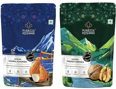 Purezza Kashmir Walnut Kernels + Mamra Almonds (200g Each) | Handpicked, |Nuts Combo | Pack of 2 Almonds, Walnuts(2 x 200 g)