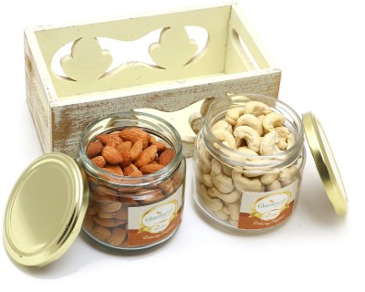 Ghasitaram Gifts Dry fruits-White Wooden Tray of 2 Jars Of Cashews and Almonds Assorted Nuts(2 x 150 g)