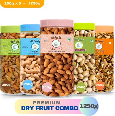 41 foods Dry fruits combo pack of Healthy 5 Badam Kaju Pista Kishmish Akhrot 1.25 KG Cashews, Almonds, Pistachios, Walnuts, Raisins(5 x 250 g)