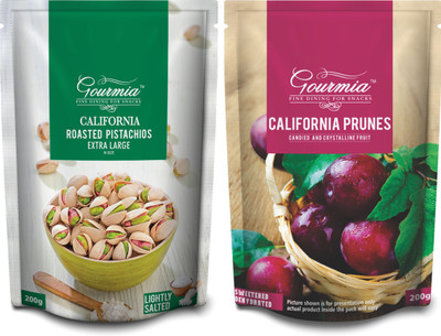 Gourmia Roasted Pistachios Extra Large Lightly Salted + Dried Prunes Each 200g) Pistachios, Prunes(2 x 200 g)