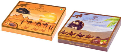 Getmydates Almond Dates and Hazelnut Dates - Perfect Gourmet Presents for Every Occasion Hazelnuts, Almonds(2 x 210 g)