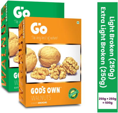 GOS GODS OWN Go Organic Walnut Dry Fruit Combo Pack of Extra Light Broken and Light Broken, Walnuts(2 x 250 g)