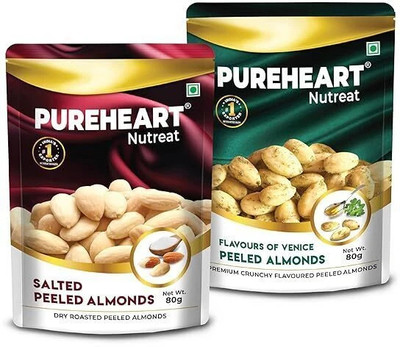 PUREHEART Nutreat Peeled Almonds Roasted Salted | Nuts Without Skin/Dried Badam/Dry Fruit Almonds(2 x 80 g)